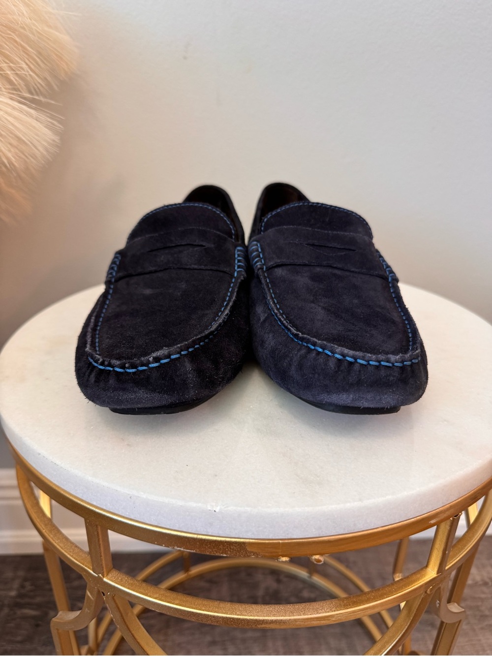 To Boot Navy Suede Penny Loafers with Contrast Stitching - Picture 5 of 11